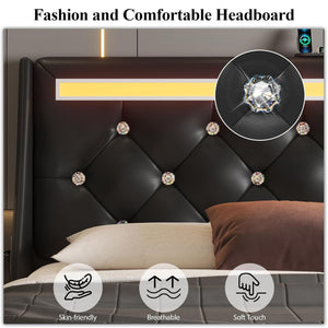 Wingback Upholstered Bed Frame With LED Lights, Charging Station