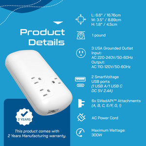 300W Step Down Converter – 3x USA Outlets & 1 USB-A + 1 USB-C PD 18W – AC 220-240V 50Hz to 110-120V 60Hz Travel Voltage & Frequency Converter - (PU-300-WS) - TRAPSKI