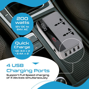 Ceptics 200W Car Power Inverter Charger with Digital Display and SmartVoltage™ Technology (PI-200W4U) - TRAPSKI