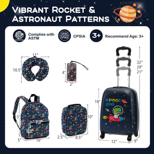 5 Piece Kids Luggage Set with Backpack Neck Pillow Name Tag Lunch Bag