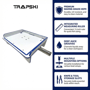 Premium Rod Mount 18" or 33" Raised Fillet Table – 3-in-1 Bait & Fish Station | Fits Rod Holders, Buckets & Flat Surfaces | Marine-Grade HDPE | Ruler, Juice Groove, Knife & Tool Slots - TRAPSKI