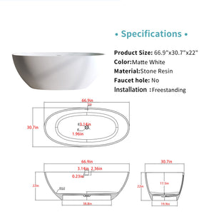 66.9″ Solid Surface Matte Tub - Freestanding Soaking Bathtub