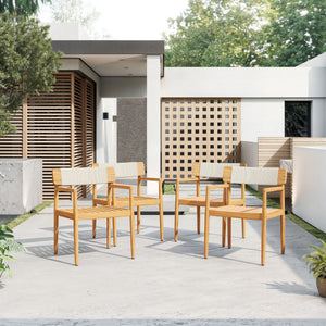 Creative Braided Acacia Wood Outdoor Dining Chairs with Armrests (Set of 2) - Teak / White