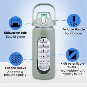 34Oz Glass Water Bottle Sports Water Bottle Motivational Water Bottle Water Intake Tracker Bottle with Straw Time Marker Silicone Sleeve Handle for Gy