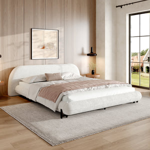 Queen Size Upholstered Bed Frame with Boucle Fabric and Steel Legs