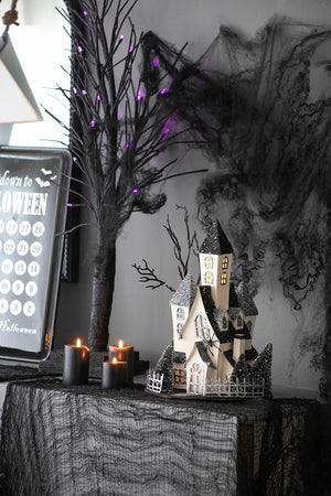 Cardboard Lighted Haunted House, Tabletop Holiday Halloween Decor, Battery Powered - Beige / Black