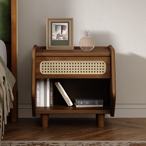 Walnut Nightstand with Rattan Detail, MDF + Solid Wood