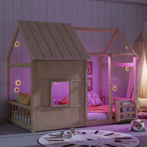 House Floor Bed With 7 Color LED Light, Built In Bookshelf