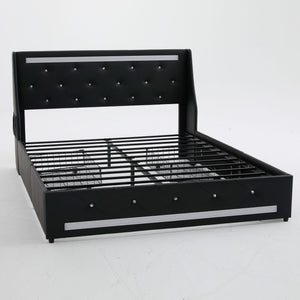 Wingback Upholstered Bed Frame With LED Lights, Charging Station