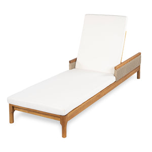 Solid Acacia Wood Sun Lounger with Beige Cushions and Light Grey Wicker