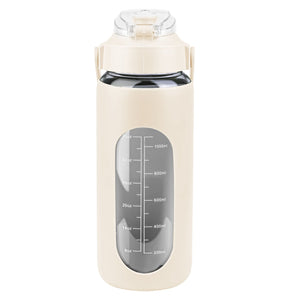 34Oz Glass Water Bottle Sports Water Bottle Motivational Water Bottle Water Intake Tracker Bottle with Straw Time Marker Silicone Sleeve Handle for Gy