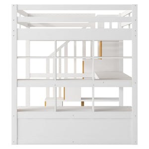 Full Size Loft Bed With Desk And Shelves, 2 Built In Drawers, Storage Staircase - Natural / White