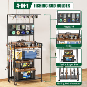 Fishing Rod Storage Rack With Pegboard, Rolling Tackle Organizer Cart - Black