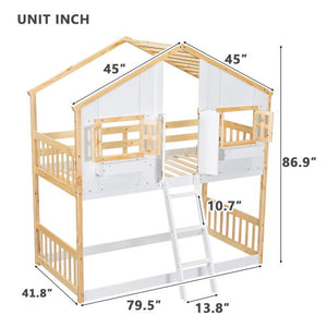 House Bunk Bed With Roof, Window, Window Box, Door, With Safety Guardrails And Ladder