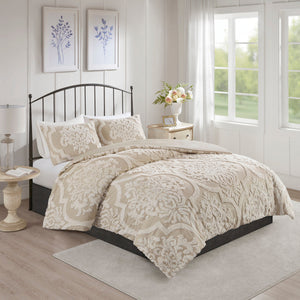 3 Piece Tufted Cotton Chenille Damask Comforter Set Taupe King/Cal King