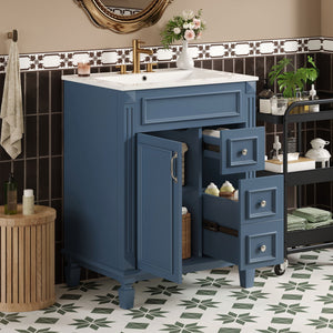 Bathroom Vanity With Ceramic Sink, Compact Cabinet With 2 Drawers And Adjustable Shelf - Blue