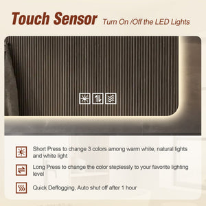 Wall Mounted LED Lighting Mirror With 3 Color Lighting, Dimming, Waterproof, Anti Fog, Touch Switch - Silver