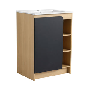 Freestanding Bathroom Vanity With Thin Rim Sink, Single Door With 4 Tier Open Shelves - Light Oak / White