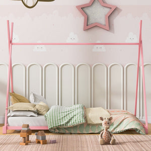 Metal House Platform Bed With Triangle Structure, Low Profile Design