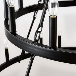 2 Tiers Wagon Wheel Chandelier Wooden Farmhouse 36 Light (24 / 12) Or (12 / 24) Metal Chandeliers 2 Story Light Fixtures Industrial For High Ceiling Living Dining Room Foyer, Adjustable Height - Black