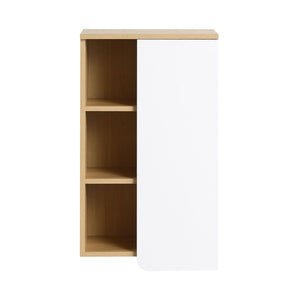 Wall Mounted Bathroom Side Cabinet, Single Door With 3 Tier Open Shelves - Black / Light Oak / White