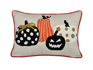 Embroidered Halloween Pumpkin Pillow – Spooky Polka Dot Linen Throw Accent