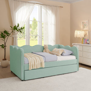 Cozy Gingham Daybed with Trundle Twin Size Sofa Bed No Box Spring Needed