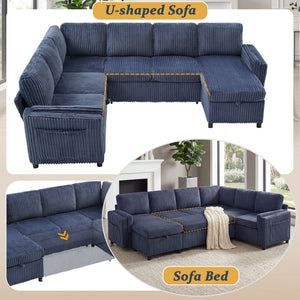 Convertible U-Shaped Sectional Sofa Bed With USB Ports And Storage
