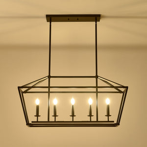 5 Light Farmhouse Kitchen Island Lighting, 5 Light Industrial Linear Chandelier For Dining Room Metal Hanging Pendant Light Fixture For Bedroom Living Room Hallway Conference Room - Matte Black