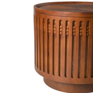 18.9" Round Wooden Side Table with Cylinder Lattice Design