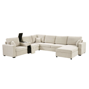 Modular 5 Seat U-Shape Sectional Sofa With Chaise Lounge, Built In Cup Holders And Storage Drawer