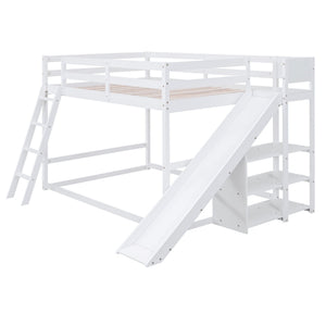 Bunk Bed With Ladder, Slide, And Shelves Pine Wood