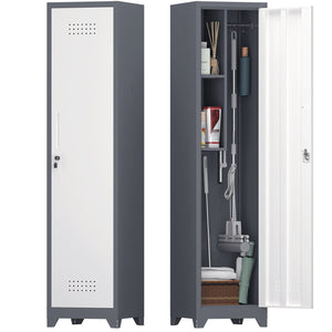 Broom Storage Cabinet Narrow Slim With Hooks And Shelves, Heavy-Duty