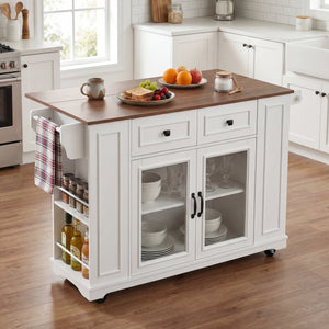54" Mobile Kitchen Island with Glass Door Storage, Power Outlet & Rolling Cart
