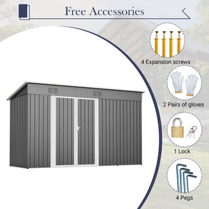 10'x4' Outdoor Metal Storage Shed for Garden Tools Lockable Door With Floor Frame