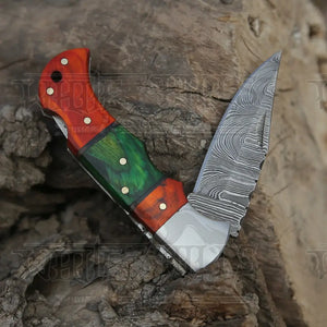 6.5" Handmade Damascus Pocket Knife - Folding Pocket Knife - Color Wood Handle WH 5032
