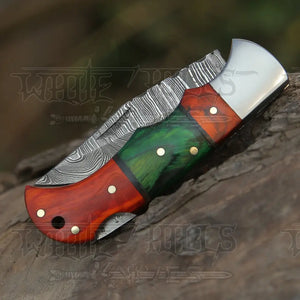 6.5" Handmade Damascus Pocket Knife - Folding Pocket Knife - Color Wood Handle WH 5032