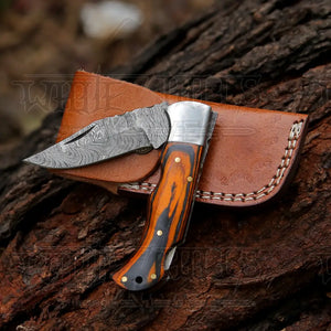 6.5" Handmade Damascus Pocket Knife - Folding Pocket Knife - Colored Wood Handle WH 5042