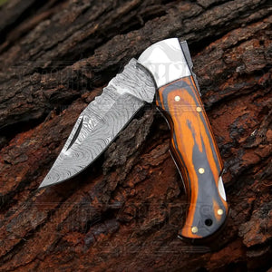 6.5" Handmade Damascus Pocket Knife - Folding Pocket Knife - Colored Wood Handle WH 5042