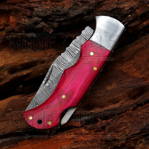 6.5" Handmade Damascus Pocket Knife - Folding Pocket Knife - Red Wood Handle WH 5040
