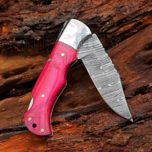 6.5" Handmade Damascus Pocket Knife - Folding Pocket Knife - Red Wood Handle WH 5040