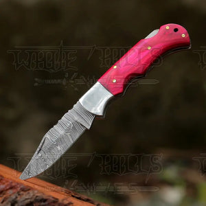 6.5" Handmade Damascus Pocket Knife - Folding Pocket Knife - Red Wood Handle WH 5040