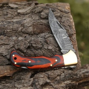 6.5" Handmade Damascus Pocket Knife - Folding Pocket Knife - Stained Wood Handle WH 5028