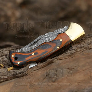 6.5" Handmade Damascus Pocket Knife - Folding Pocket Knife - Stained Wood Handle WH 5029