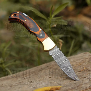 6.5" Handmade Damascus Pocket Knife - Folding Pocket Knife - Stained Wood Handle WH 5029