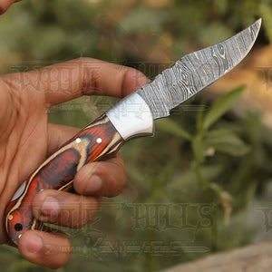 6.5" Handmade Damascus Pocket Knife - Folding Pocket Knife - Stained Wood Handle WH 5030