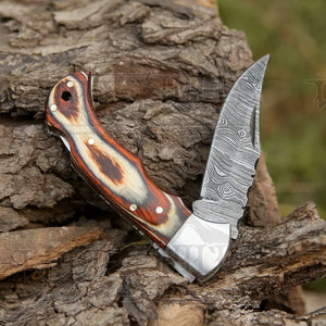 6.5" Handmade Damascus Pocket Knife - Folding Pocket Knife - Stained Wood Handle WH 5030