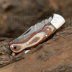 6.5" Handmade Damascus Pocket Knife - Folding Pocket Knife - Stained Wood Handle WH 5030