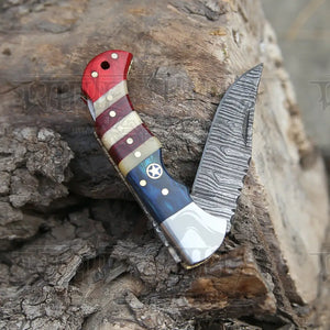 6.5" Handmade Damascus Pocket Knife - Folding Pocket Knife - Texas Flag Handle WH 5031