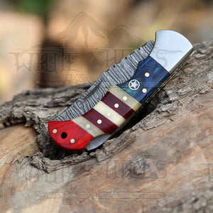 6.5" Handmade Damascus Pocket Knife - Folding Pocket Knife - Texas Flag Handle WH 5031